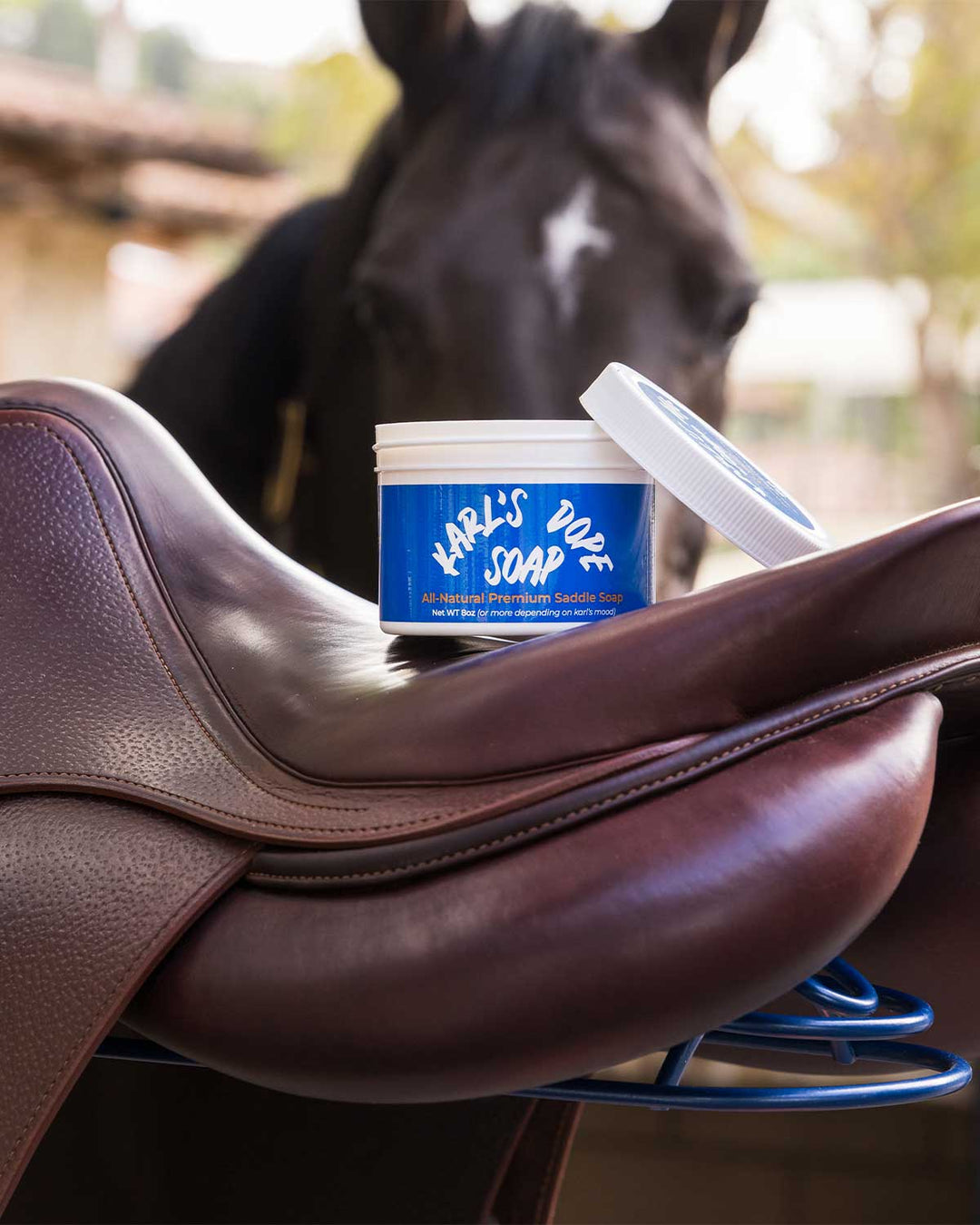 8oz tub of Karl’s Saddle Soap for all-natural leather care, cleans, nourishes, and protects saddles, boots, and accessories.