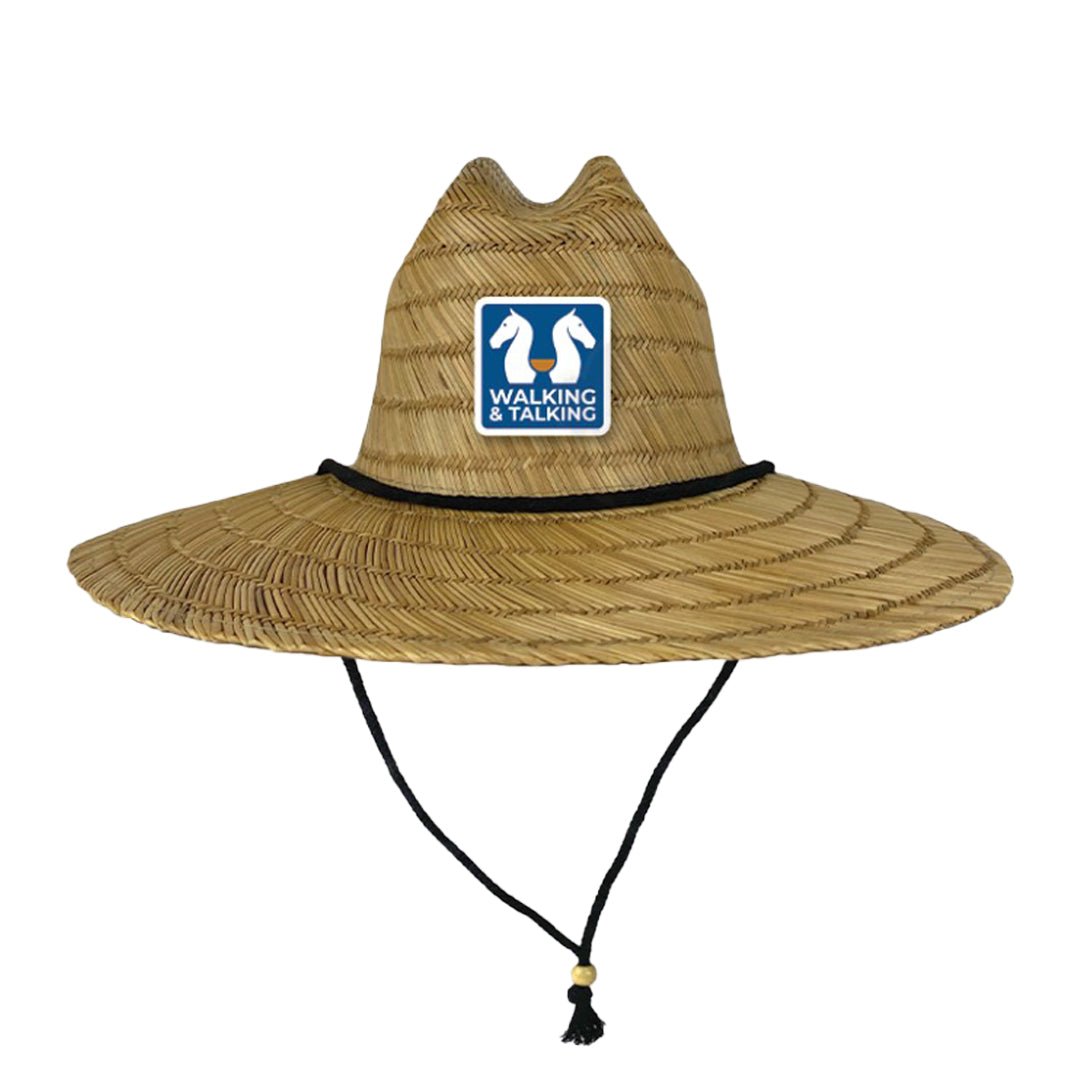 Walking & Talking Straw Hat with embroidered logo patch, lifeguard style, perfect for sunny days and outdoor wear.
