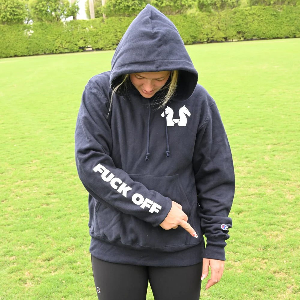 Walking & Talking 'Fuck Off' Pullover Hoodie – unisex, navy, S-XL, white logo on chest, bold 'Fuck Off' text on sleeve.