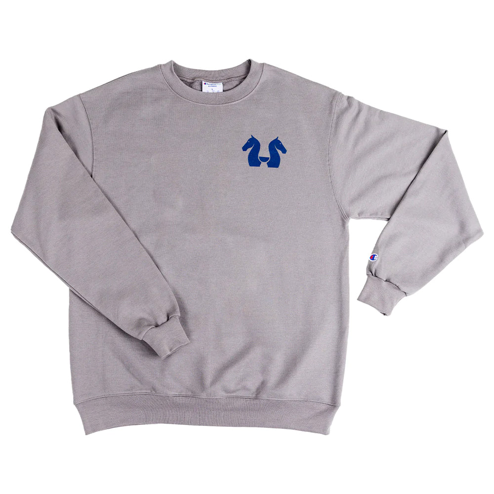 Front view of Walking and Talking Gray Sweatshirt – Unisex, sizes S-XL, with blue logo screen print on the left chest.